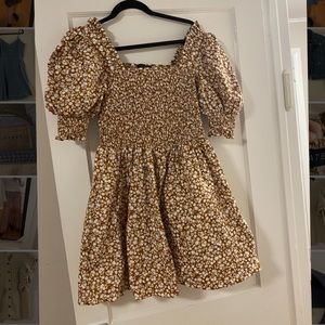 1. State brown and white floral dress